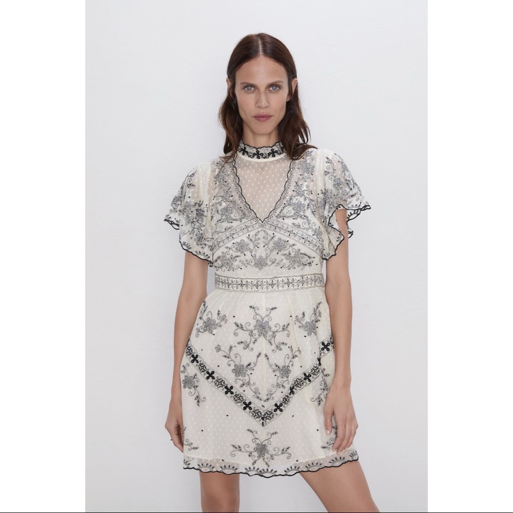Zara Cream Embroidered Flutter Sleeve Lace Dress